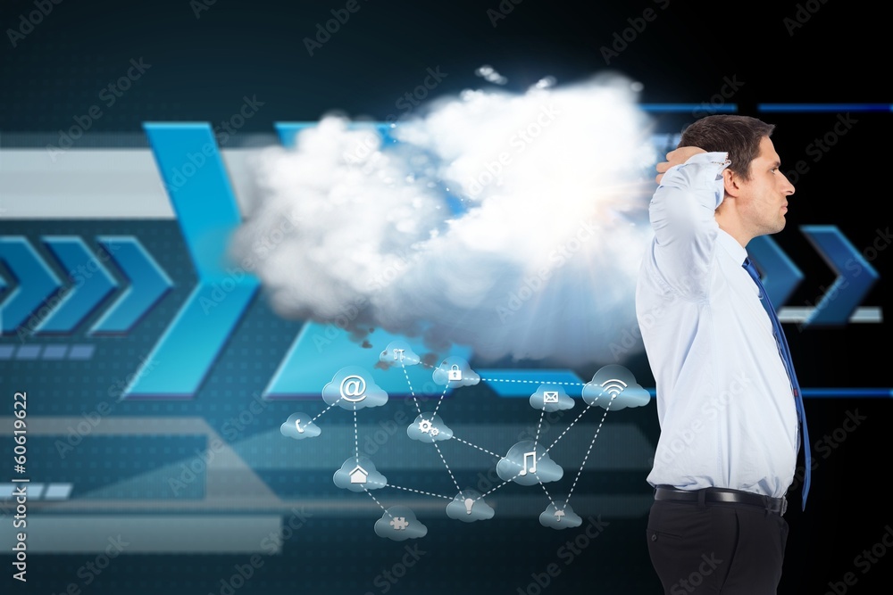 Poster composite image of thinking businessman scratching head