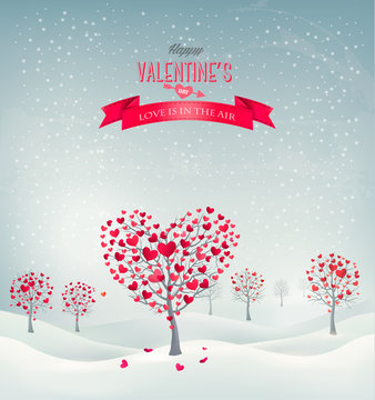 Holiday retro background. Valentine trees with heart-shaped leav