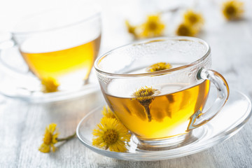 herbal tea with coltsfoot flowers