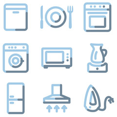 Home appliances icons, light blue contour