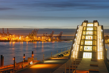 Modern architecture and the harbour in Hamburg after sunset