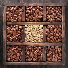 Green coffee and roasted coffee beans in wooden box