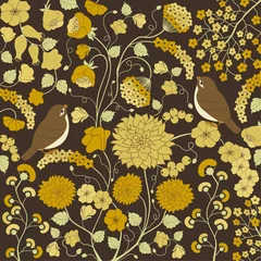 Foto op Canvas Floral pattern with yellow flowers and bird © Rouz
