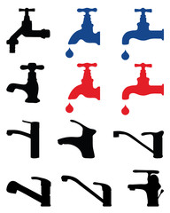 Red, blue and black silhouettes of faucets, vector