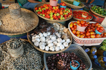 Fresh vegetables and dry fish at a market