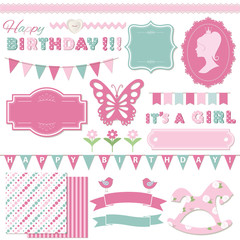 Birthday party and baby shower design elements.