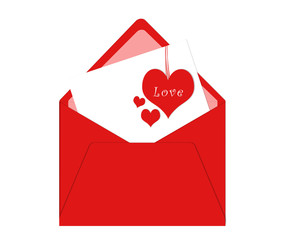 Postal con sobre y tarjeta con corazones rojos