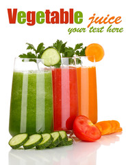 Fresh vegetable juices isolated on white