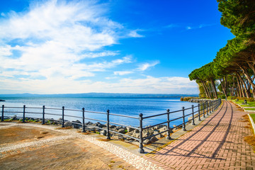Promenade and pine trees in Bolsena lake, Italy. - obrazy, fototapety, plakaty