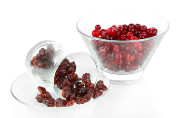 Fresh and dry cranberry in glass bowl, isolated on white