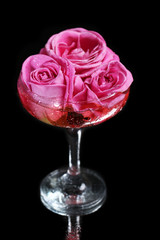 Composition with pink sparkle wine and  roses in glass,