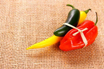 Bundle of Hot pepper varieties of jute background