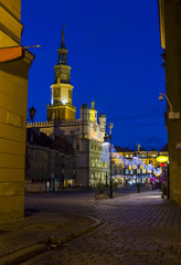 Night photo of an old town square and city hall in Poznan, Polan