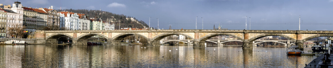 Fototapeta na wymiar Panorama of Palacheho Bridge on the Vltava River in Prague