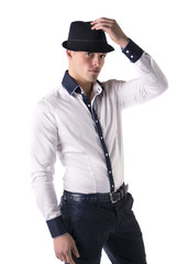 Attractive young man with fedora and white shirt