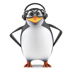 Academic penguin listens on headphones