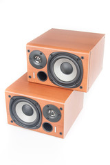wooden sound speakers isolated on white background