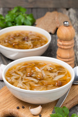 traditional Russian cabbage soup (shchi) with wild mushrooms