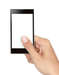 Hand holding mobile smart phone with blank screen