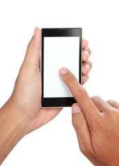 Hand holding mobile smart phone with blank screen