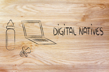 digital natives: funny design with laptop, feeding bottle and pa