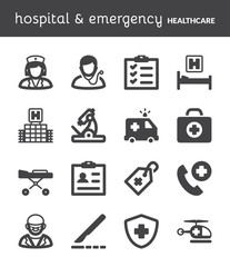 Hospital and emergency. Healthcare flat icons. Black