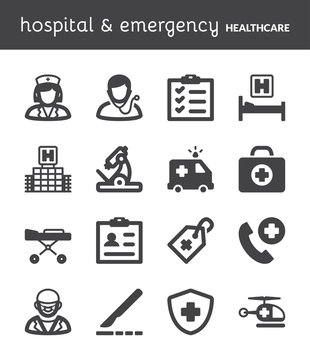 Hospital and emergency. Healthcare flat icons. Black