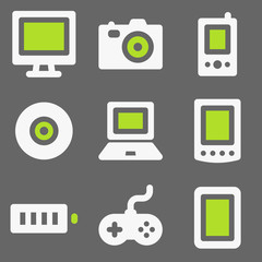 Electronics web icons, white and green on grey