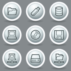 Drives and storage web icons, circle grey matt buttons