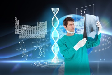 Composite image of close up of male doctor wearing coat looking