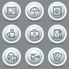 Travel web icons set 4, circle grey matt buttons