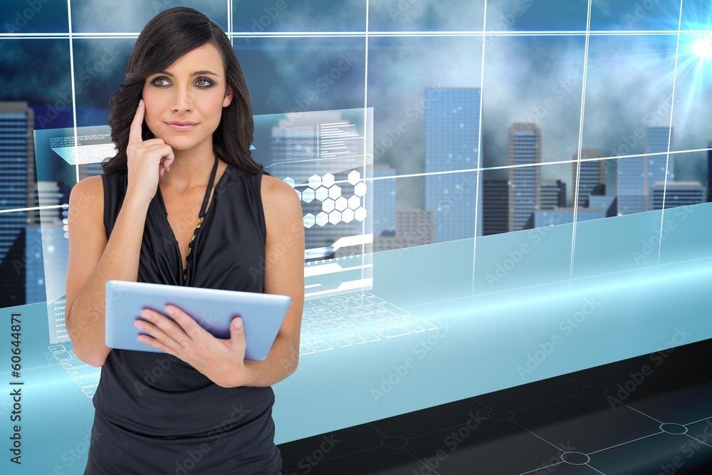 Poster composite image of thoughtful elegant brown haired model holding