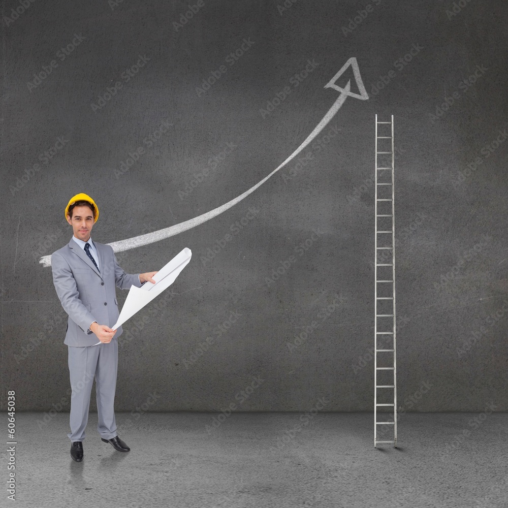 Poster composite image of serious architect with hard hat holding plans