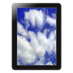 Digital tablet on blue sky