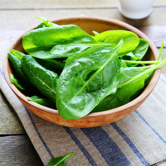 salad bowl and spinach leaves