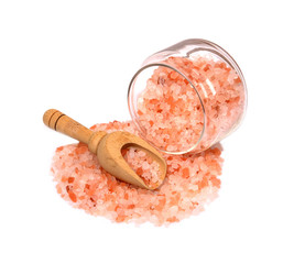himalayan pink salt in wooden spoon,small jar of glass