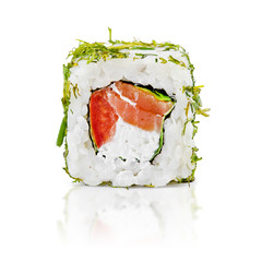 traditional fresh japanese sushi rolls on a white background