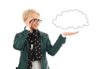 Ordinary woman in casual outfit with empty cloud