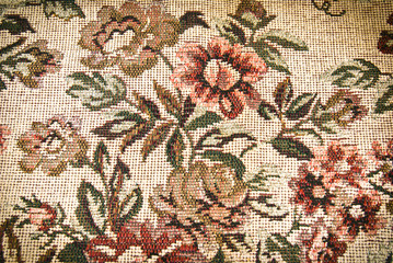 Fragment of retro tapestry fabric pattern with colorful floral