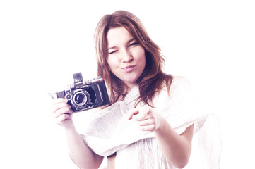 young girl  with retro camera  isolated on white