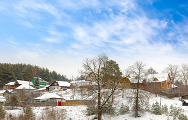 cottages in the winter coniferous forest