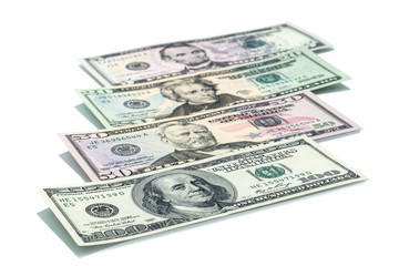 All stack type of american dollars on white background