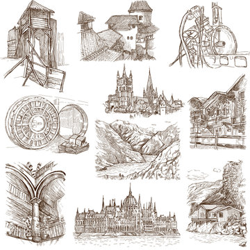 Architecture around the World (no.9) - hand drawings on white