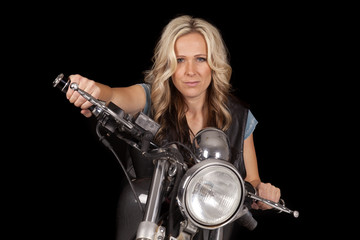 Fototapeta na wymiar woman motorcycle on black hold handlebars smile