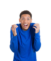 Fototapeta premium Shocked, stunned, surprised young man with wide open mouth