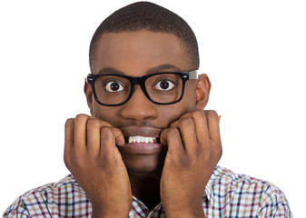 Nerdy, unhappy, scared man perfectionist in black glasses