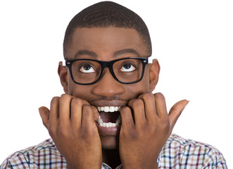Nerdy, unhappy, scared man perfectionist in black glasses