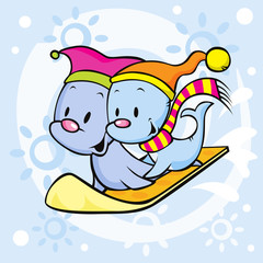 cute seal on snowboard - funny cartoon illustration
