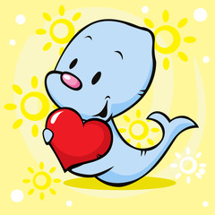 cute seal holding heart - cartoon illustration