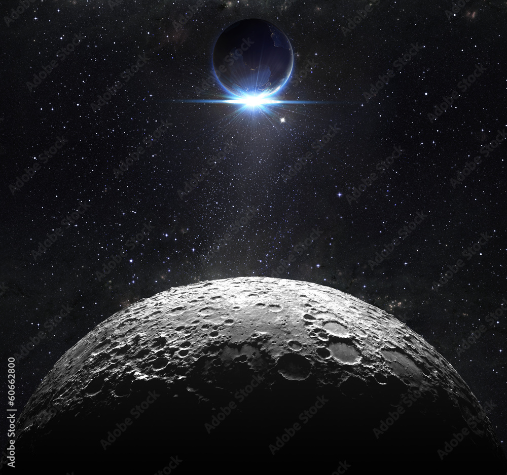Wall mural moon surface with view sunrise of the earth